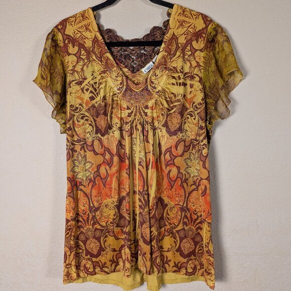 Cato Tops - Y2K Cato Baby Doll Top Women's XL flutter Sleeve Fairy Paisley Abstract Art